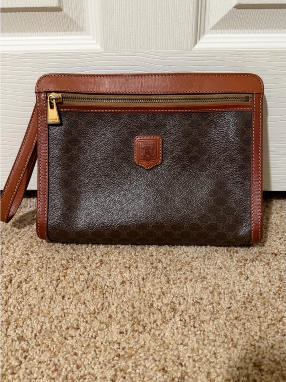 Celine Dark Brown and Tan Canvas Leather Wristlet. Vintage. 100% Authentic.